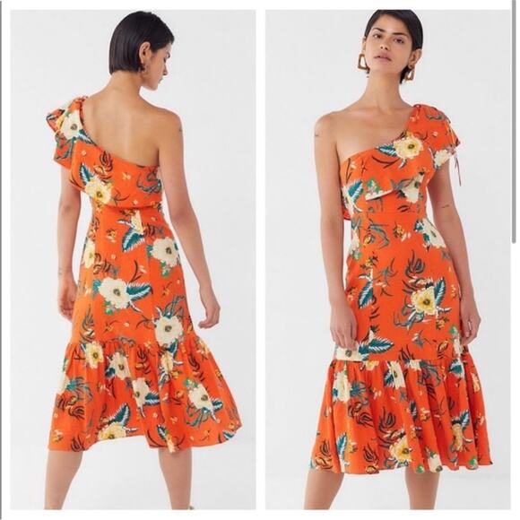 Urban Outfitters Carmen Tropical Floral Linen One Shoulder Ruffle Midi Dress S - Picture 3 of 10